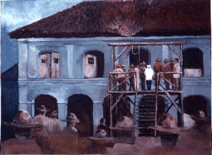 Hanging of Celedonio MAJ. FRANCISCO CELEDONIO of the Filipino Revolutionary Army about to be hanged on August 30, 1901. Painting is from an old faded photograph in the archives of the Philippine National Museum. The roof of the old municipio is buckling from old age or possibly from damage by artillery fire during the revolution against Spain or during the resistance against American aggression. Among the spectators, mostly American soldiers in khaki uniforms and smokey-bear hats, is a lone Filipino civilian watching from the ground close to the gallows on the viewer's left side. That man was Juez de Paz Gorgonio Sison y Suller, brother of one of Celedonio's assassination victims, Don Benigno Sison y Suller. The other victim was Presidente Municipal Basilio Noriega, Benigno's father-in-law. Both were abducted and killed on December 20, 1989. (Ramon Sison. Oil on canvas, 14" x 18")