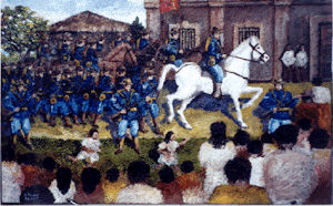 James Parker's entrance LT. COL. JAMES PARKER, on December 7, 1899, led blue-jacketed U.S. Volunteer infantrymen and marines through Cabugao as part of a tactical move to Batac from Vvigan in preparation for additional landings of U.S. forces in Laoag and Bangui. Picture shows the troops marching on the Camino Real between the presidencia and the house of Jaime Vaño of the Compania Tabacalera (partly seen in the background). The people of Cabugao saw the big Americanos, their big horses, and their smokeless Krag rifles for the first time. By January 1900, these invaders had established a garrison. The U.S. Third Cavalry came and brought George Barbers and James Wingo, both of whom fell in love and married the Guerrero sisters, Silvestra and Maura. (Ramon Sison. Oil on canvas, 18" x 28")
